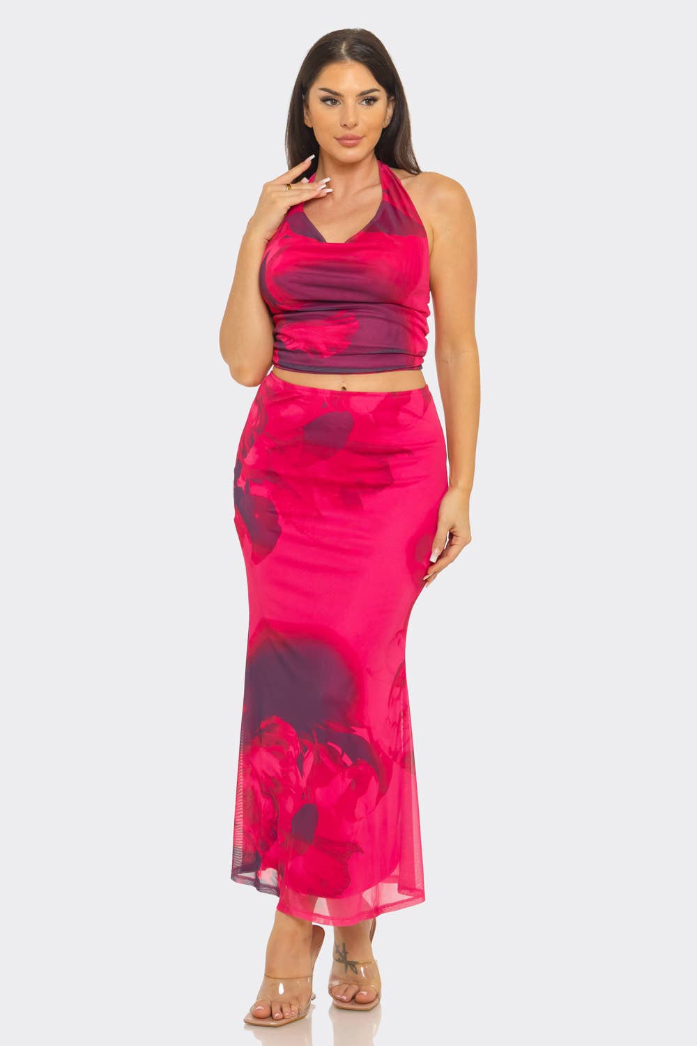 Plus Size Floral Print Midi Skirt Set