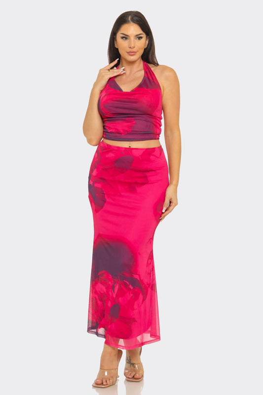 Plus Size Floral Print Midi Skirt Set