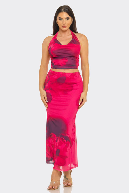 Plus Size Floral Print Midi Skirt Set