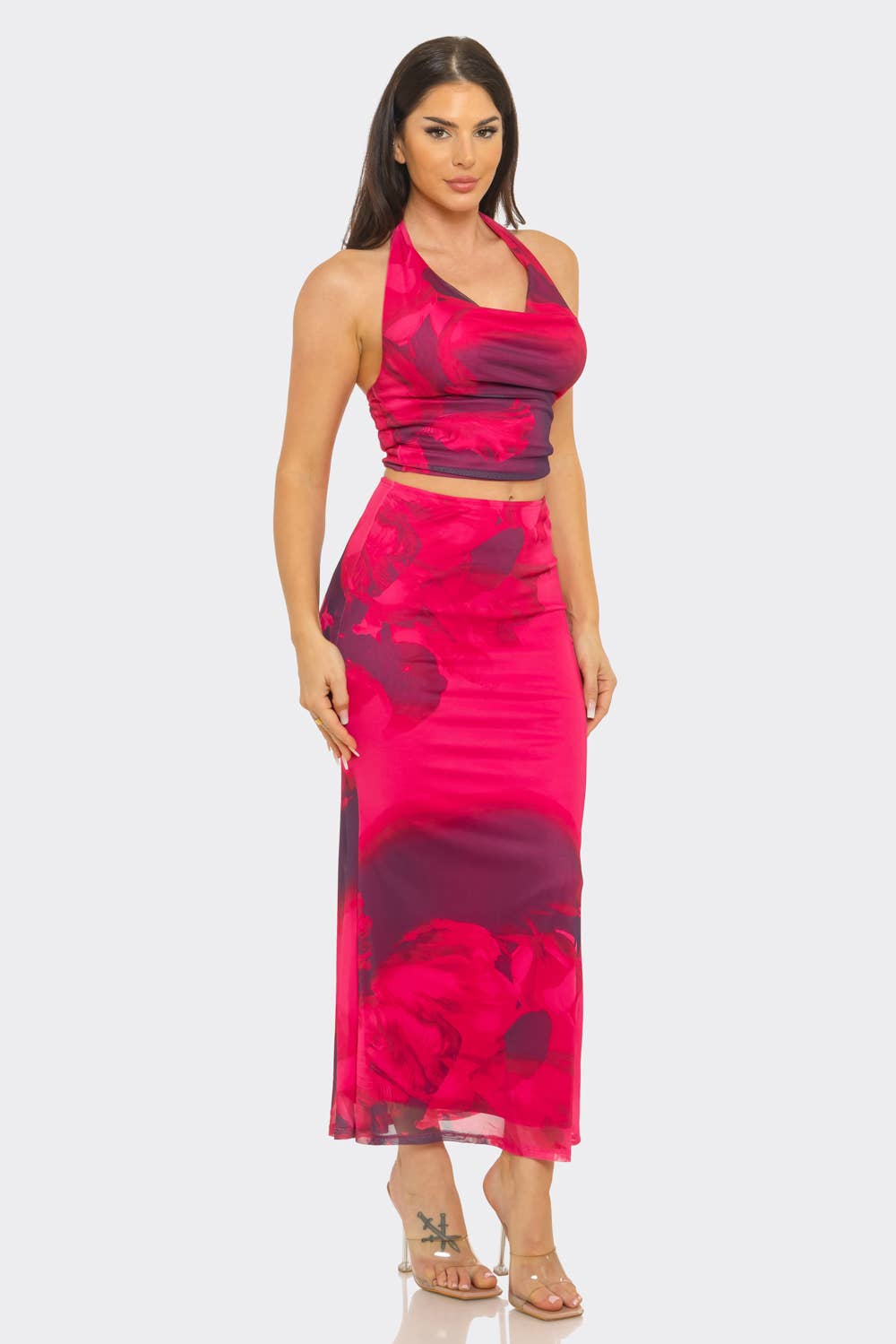 Plus Size Floral Print Midi Skirt Set